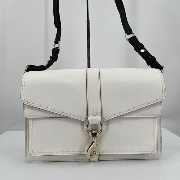 Rebecca Minkoff Handbag Bag Crossbody Hudson White Black Saffiano Leather Flap - Picture 3 of 10